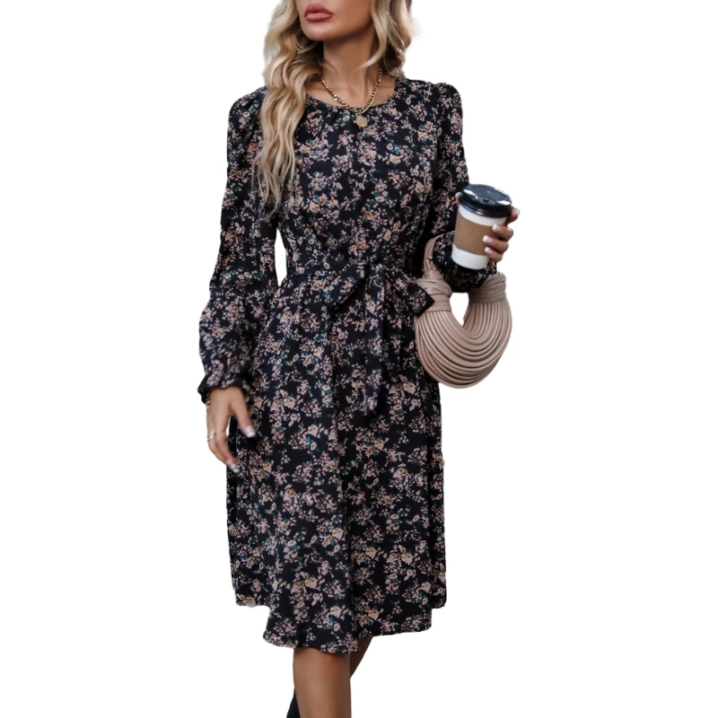 

Women's 2023 Fall Winter Neck Long Sleeve Floral Print Midi Dress High Waist Flowy A-Line Dresses with Belt Gift