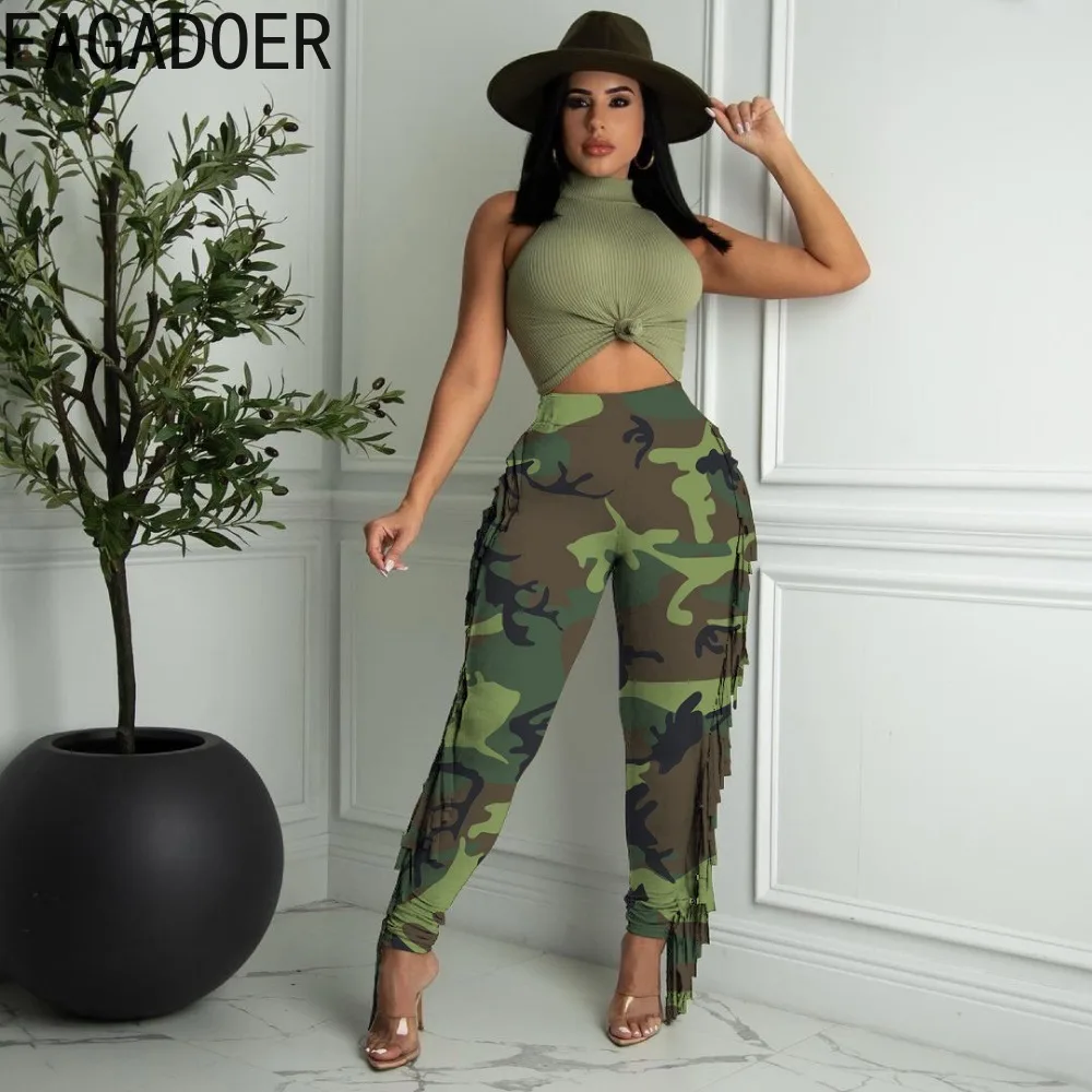 FAGADOER Autumn Winter Tassels Skinny Pants Women High Waisted Trousers Casual Lady Solid Color Sporty Matching Bottoms 2023 New