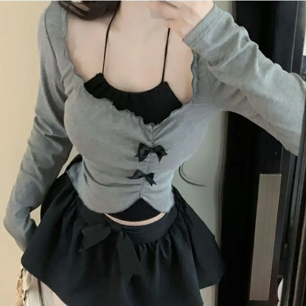 Gray Polyester Long Sleeve Slim Fit Crop Top for Women