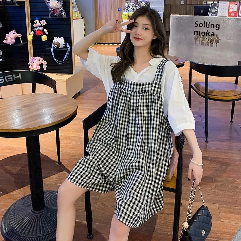 Maternity Summer Outfit Cotton Linen Overalls Plaid Pants plus Size Women's Clothing Set Real Shot Pregnant Women's Dress