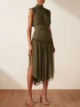  VGH Split Backless Summer Dress For Women 2022 Stand Collar Sleeveless High Waist Lace Up Bowknot Solid Midi Dresses Females New 