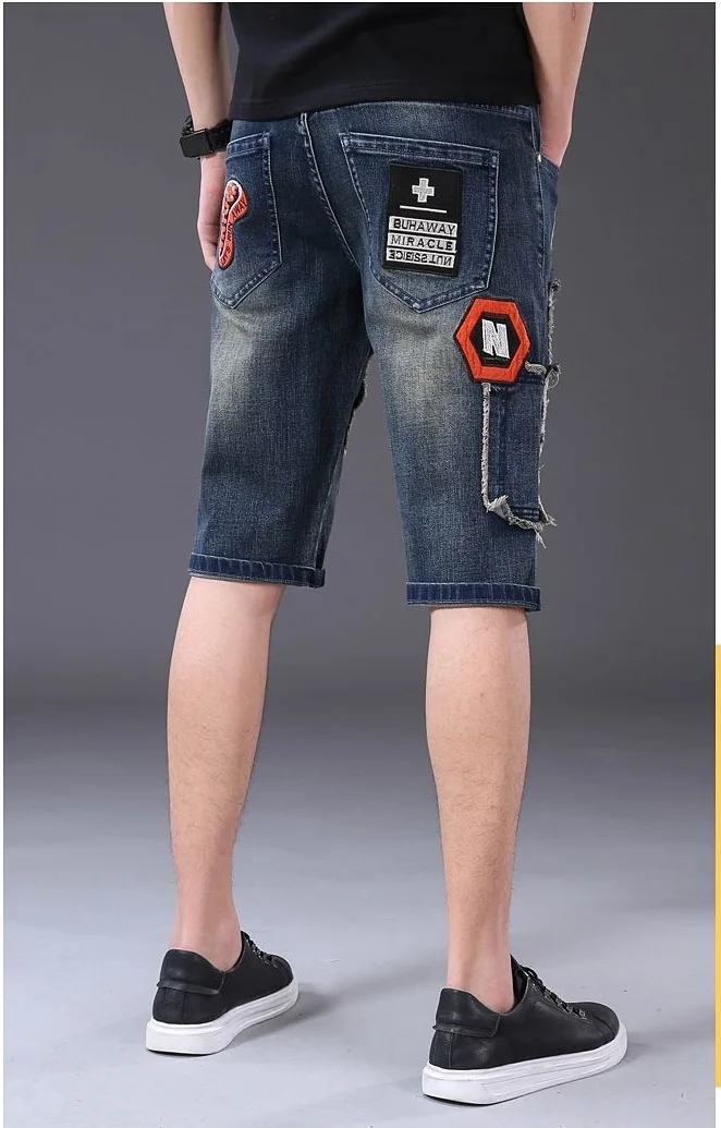 Summer Street Style Embroidered Denim Shorts For Men Patch Holes Knee length Jeans Patchwork Shorts