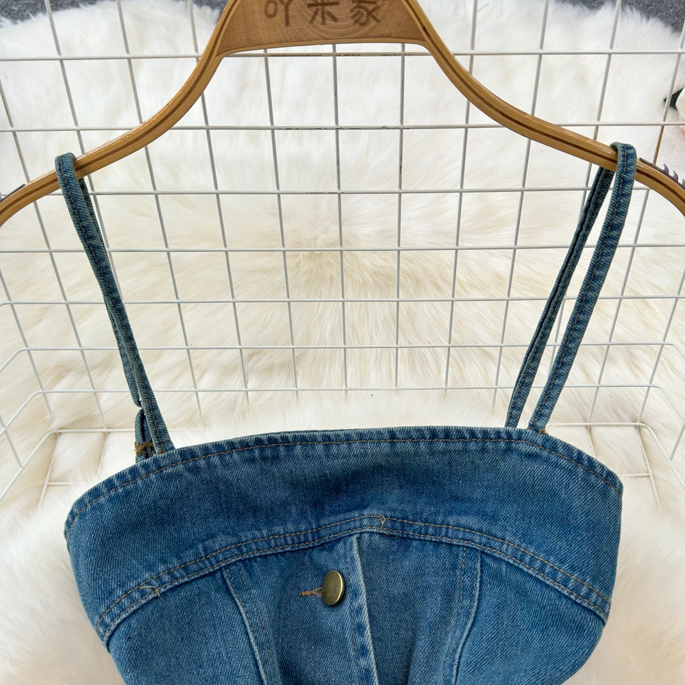 Fashion Set Women's Strapless Denim Suspender Two-piece Set with High Waist, Medium Length, Buttocks Wrapped Skirt for Summer