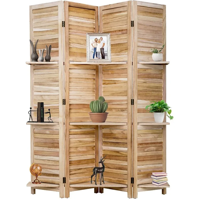 

4 Panel Room Divider Folding Privacy Wooden Screen with Three Clever Shelf Portable Partition Screen Screen Wood for Home Office