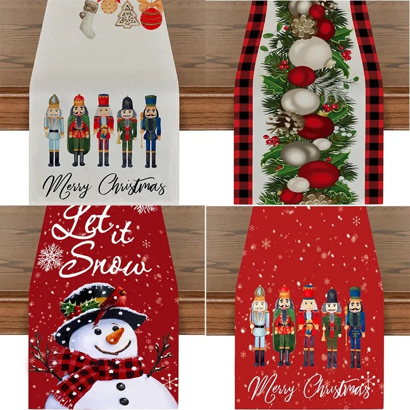 

Christmas Linen Printed Table Runner Xmas Snowman Nutcracker Table Flags Merry Christmas Decor for Home Restaurant Tablecloth
