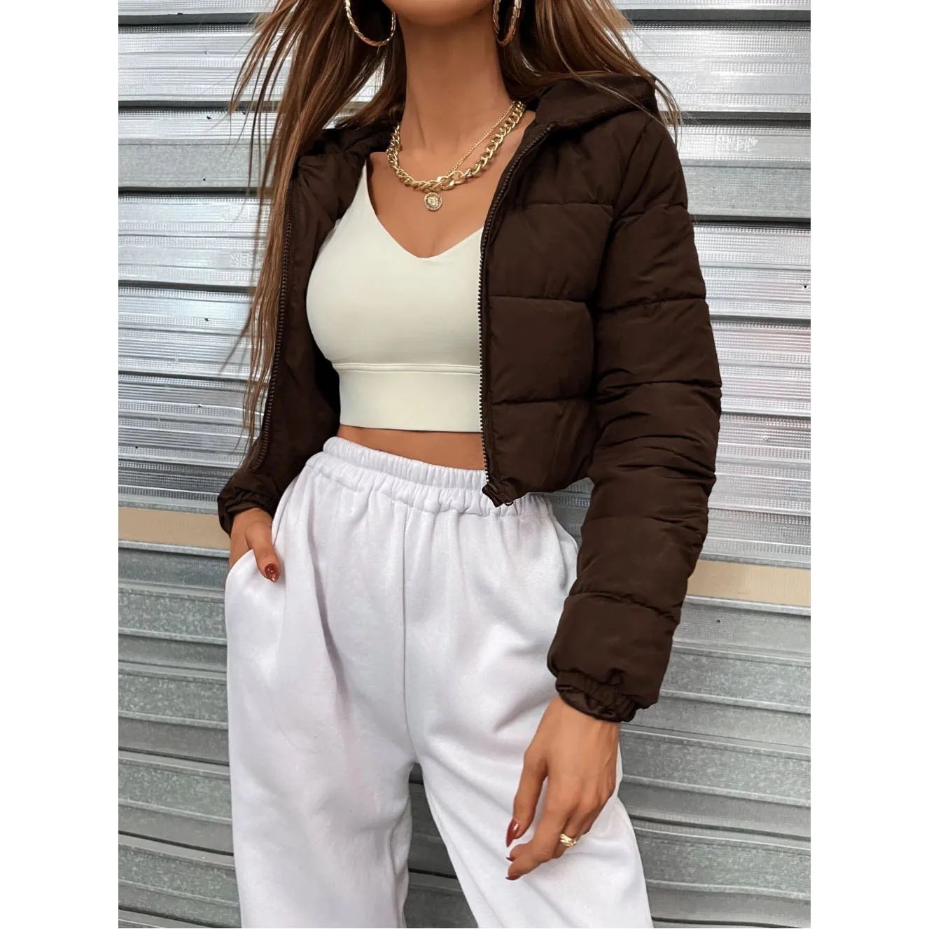 Winter Women Coat Jacket Zip Up Hooded Crop Puffer Coats