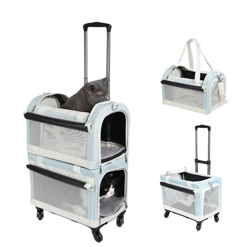 2-layer Design Cat Basket Breathable Comfortable Transport Case High Aesthetic Pet Trolley Box for Convenient Travel Pet Trolley
