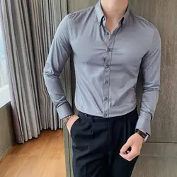 2023 Spring and Autumn Men's Standing Neck Solid Color Slim Fit Button Casual Fashion Elegant Commuter Long Sleeve Shirt Tops