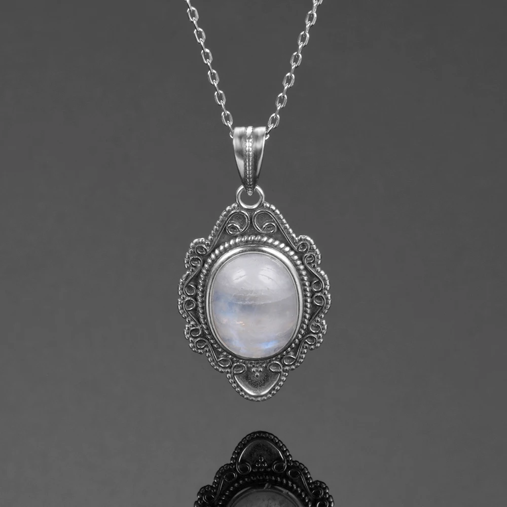 Pure Sterling Silver Vintage Oval Rainbow Moonstone Pendants Necklaces Women's Handmade Fine Jewelry Gifts