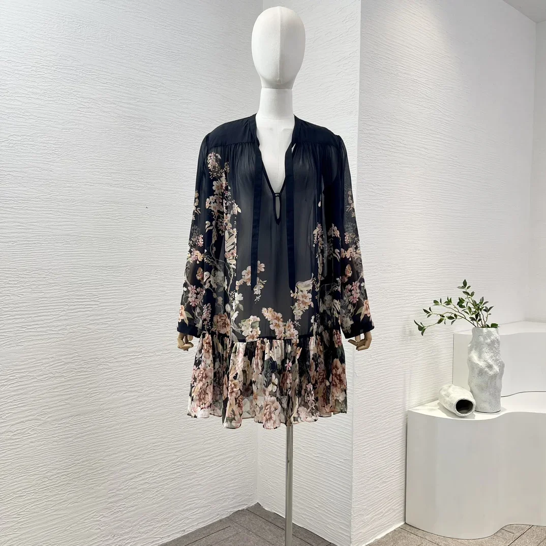 

New Arrivals 2024 Black Floral Print Long Sleeve V-Neck Mini Dress High Quality Elegant Women Clothing