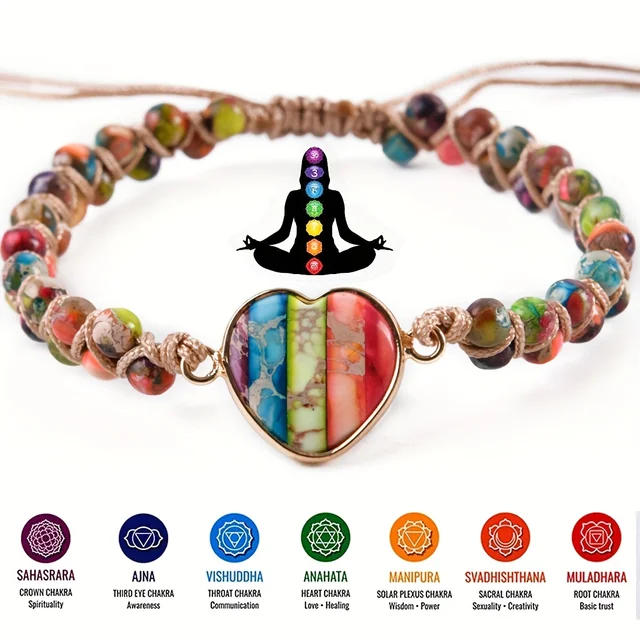 Natural Stone Chakra Heart Shape Charm Bracelets Imperial Jasper String Braided Macrame Wristband Teengirls Wrap Bracelet