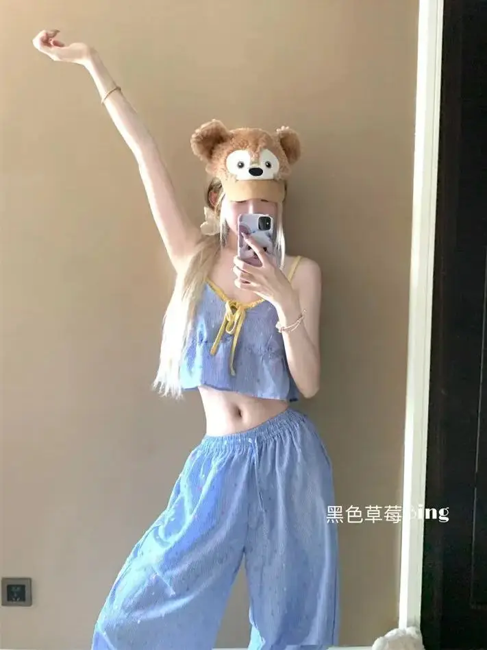 

Y2K Two Piece Set Women Baggy Pants For Women Elastic Low Waist Pants Sweatpants Loose Trousers Camisole Top