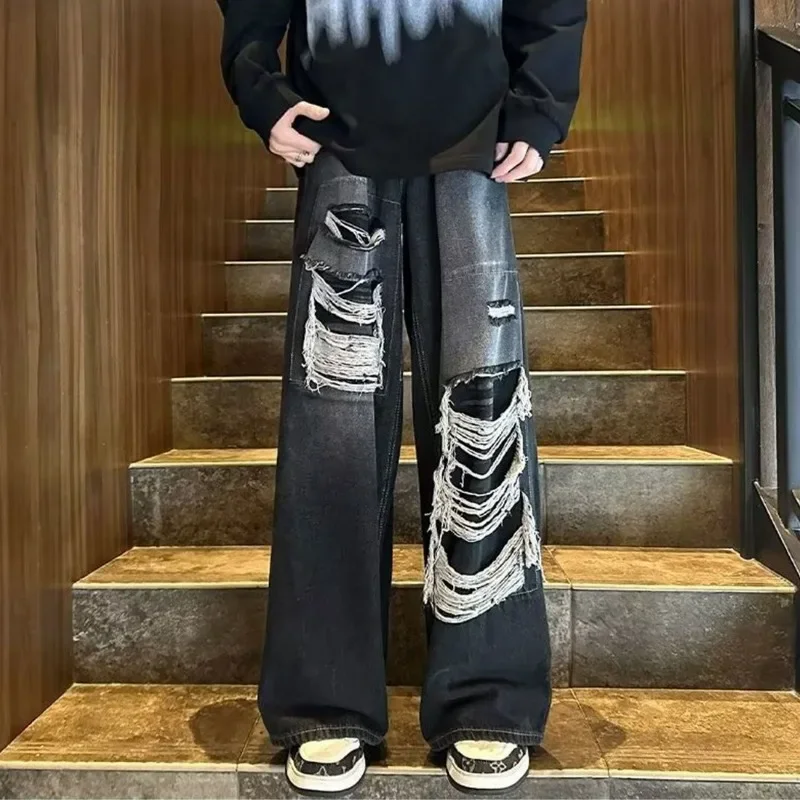 American High Street Style Retro Distressed Jeans Washed and Distressed Wide Leg Loose Leg Straight Leg Pants
