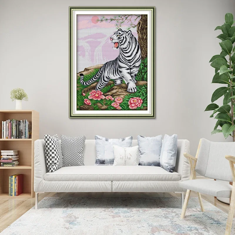 Weißer Tiger und Blumen Kreuzstichset DIY handgemachtes Nähset 14CT 11CT Zähldruck Leinwand Stoff Stickerei Handarbeiten