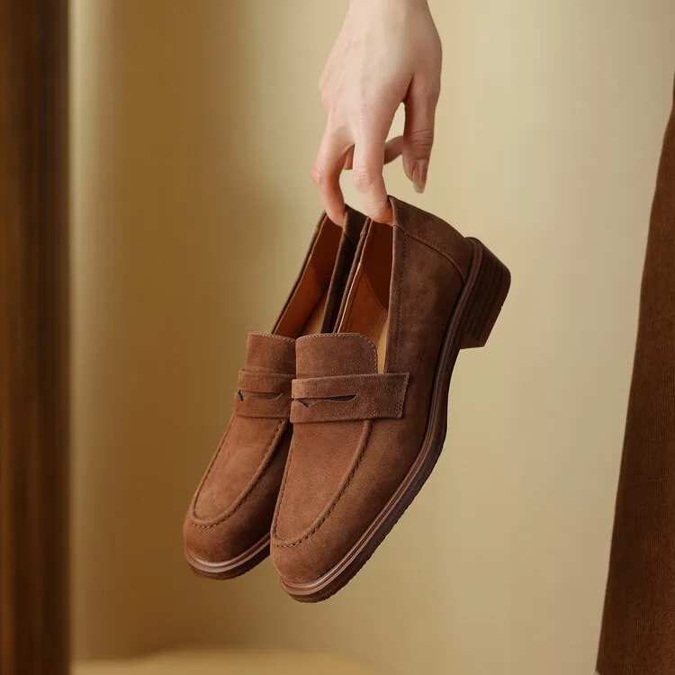 2026 Spring Sheep Suede Women Shoes Round Toe Chunky Heel Women Pumps Shoes for Women Deep Mouth Loafers Low Heels Ladies Shoes