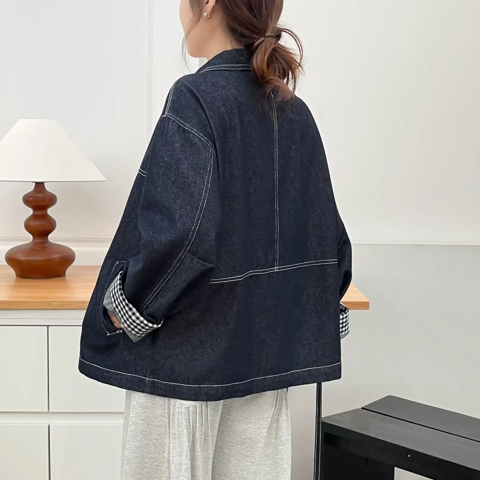 Plus Size Women's Jean Jacket Fashion Loose Cuffs Plaid Sleeve Single Breasted Denim Coat Autumn 2025