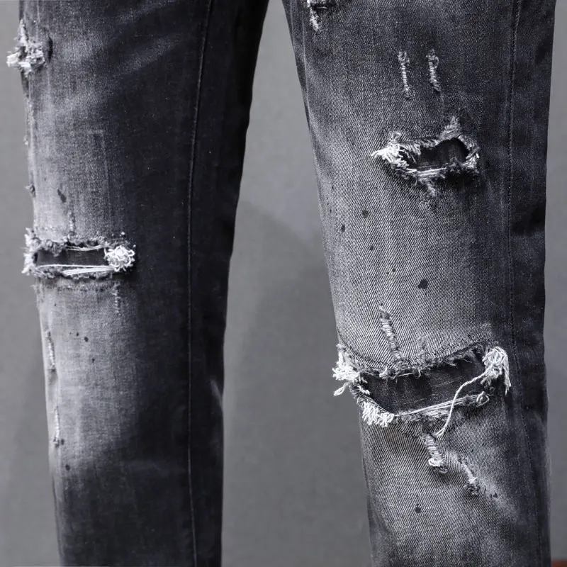 Streetwear Fashion Men Jeans Retro Black Gray Stretch Slim Fit Ripped Jeans Men Hole Patched Designer Hip Hop Brand Pants Hombre