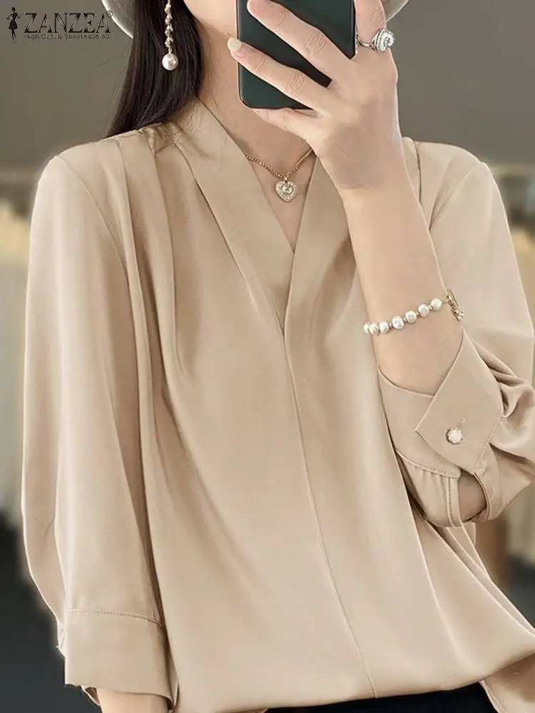 

ZANZEA Autumn Fashion Satin Blouse Woman Long Sleeve V-Neck Tunic Tops Female Casual Solid Shirt Ladies Elegant Blusas Oversized