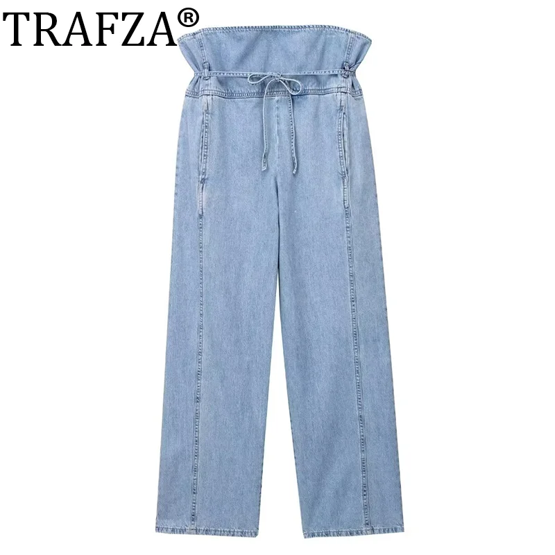 

TRAFZA Women New Fashion Denim Trousers Casual High Waist Jeans Pants For Woman Summer Baggy Pants Female Casual Wide Leg Pants