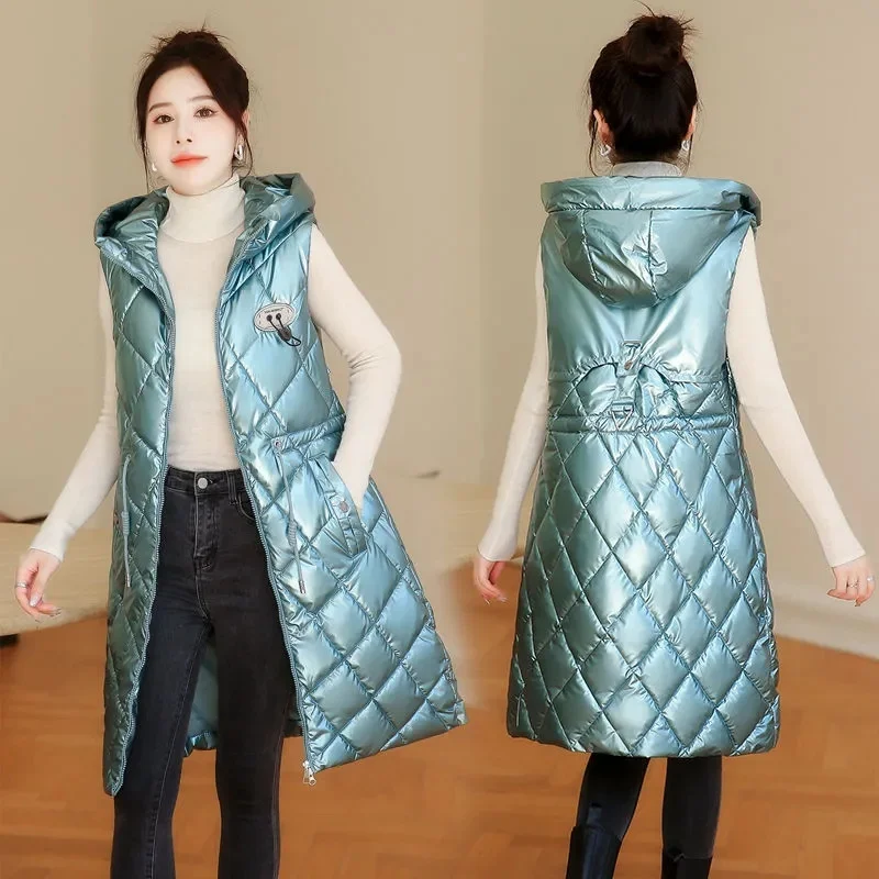2023 New Women Winter Glossy Cotton Vest Jacket Hooded Warm Padded Long Coat Fashion Female Waistcoat Outerwear Loose Parka