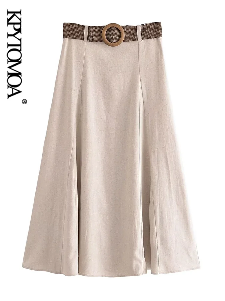 

KPYTOMOA Women Fashion With Belt Linen Midi Skirt Vintage High Waist Side Zipper Female Skirts Mujer
