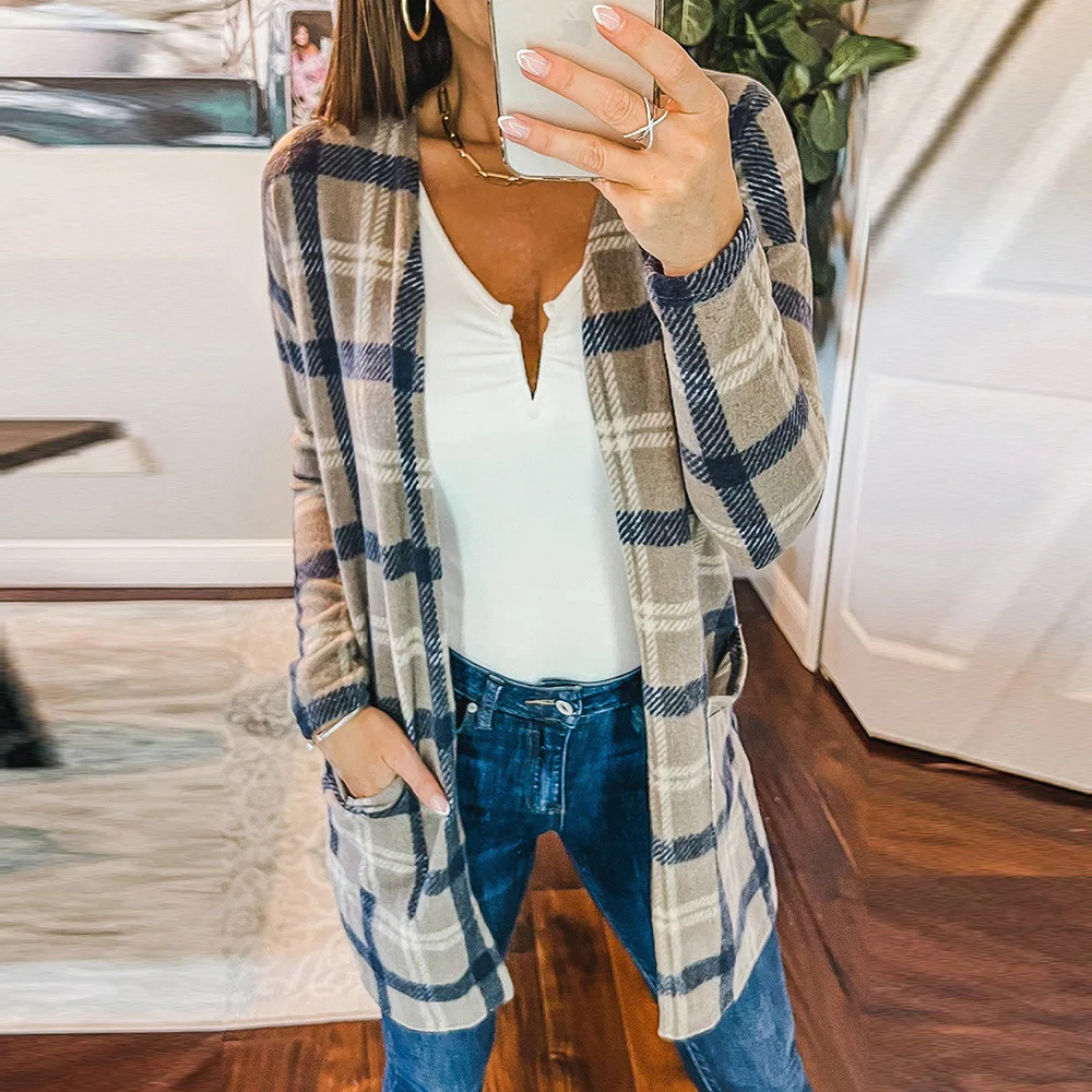 

Khaki Plaid Pocket Top For Women's Autumn New Thin Mid Length Cardigan 2541451
