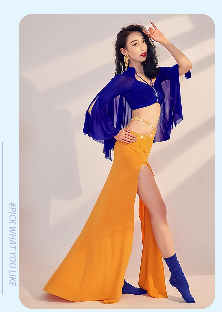 Neue Bauchtanz Anzug AB Steine Langarm Top + Sexy Langen Rock 2 stücke Erwachsene Weibliche Bauchtanz Professionelle Praxis kleidung – Detail 11
