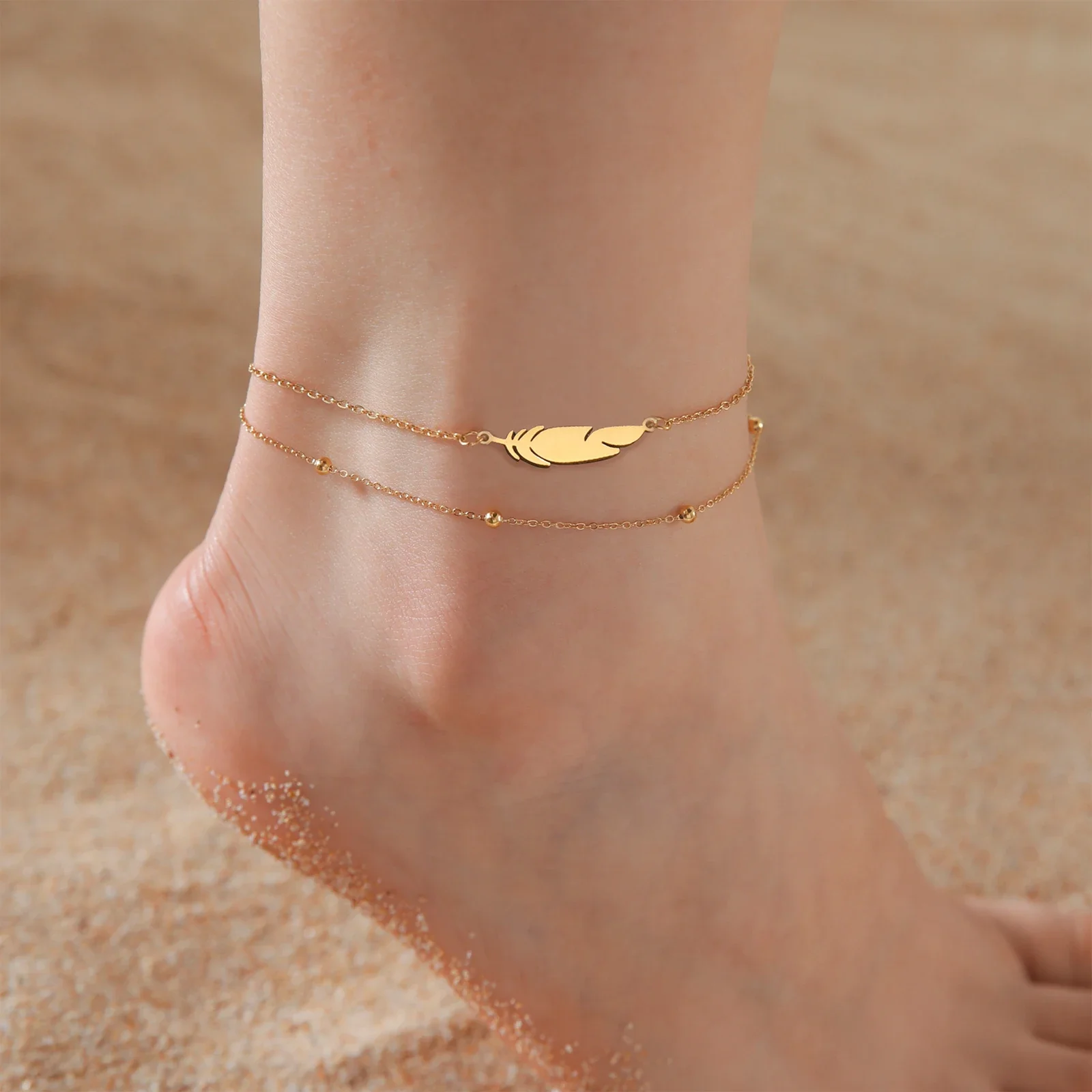 Feather Stainless Steel Bead Chain Anklet For Women Men