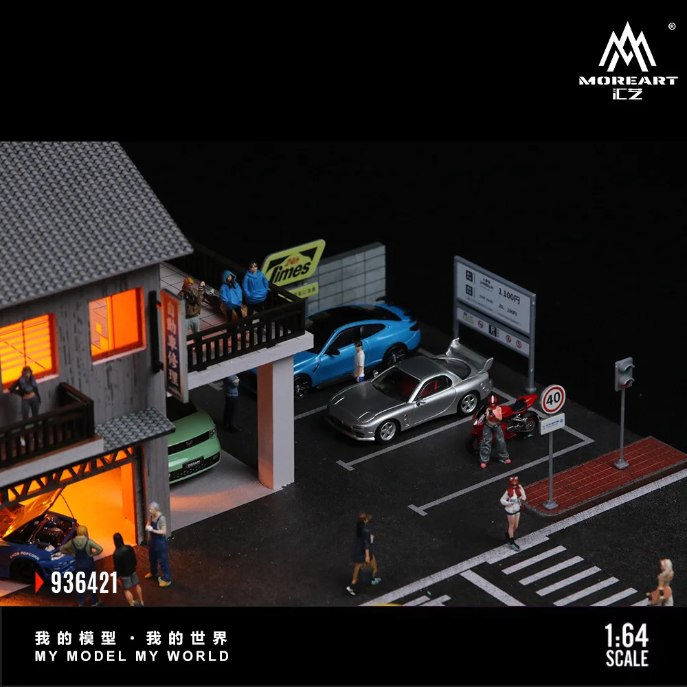Diorama 1/64 Car Garage Model LED Lighting City Japanese Store Scene Model Toys 