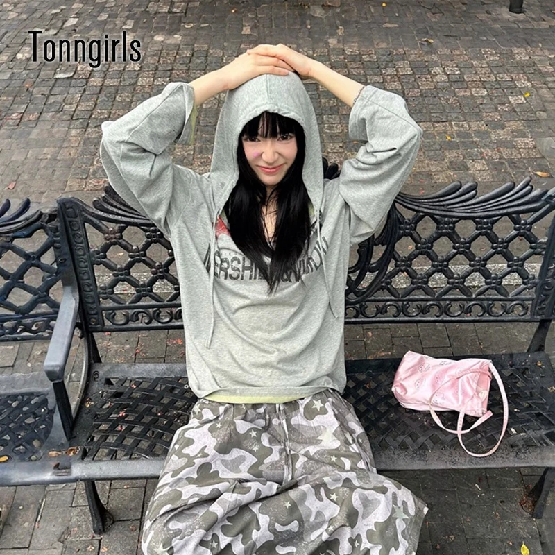 Tonngirls y2k vintage camiseta feminina casual solto impressão gráfica topos com capuz japonês 2000s grunge topos streetwear estéticos