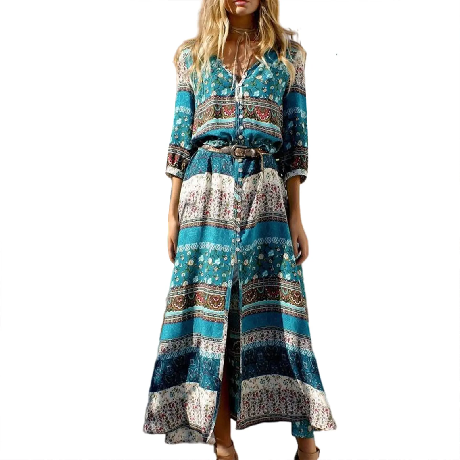 

New Women's Cover up Dress Button Down Deep V Mid-Length Sleeve Maxi Dress Woman's Long Skirt for Daily Vacation Boho Printed