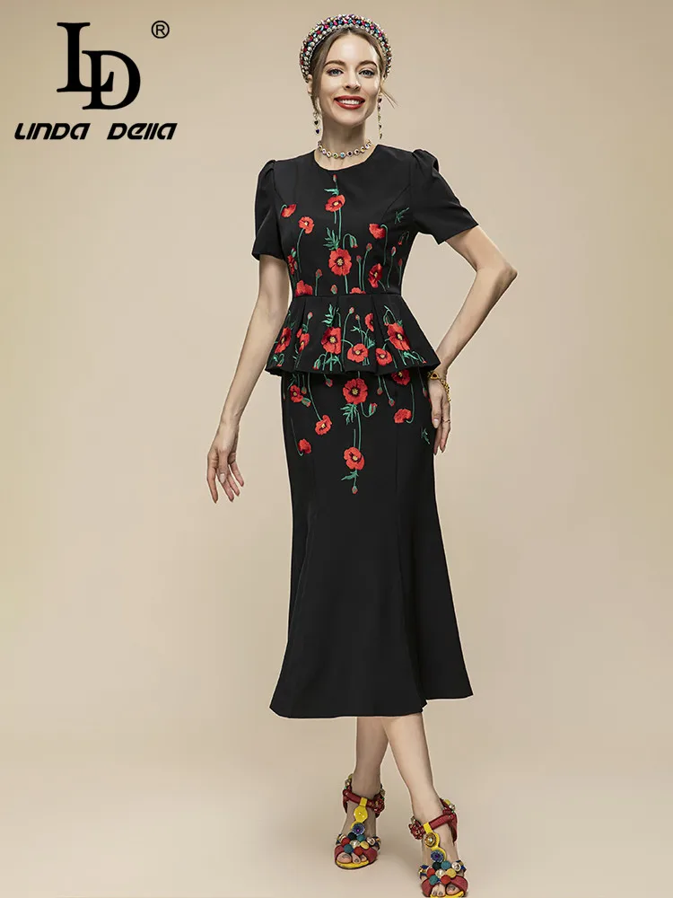 

LD LINDA DELLA Fashion Runway Summer Round Neck Short Sleeve Ruffled Fanny pack hip Fishtail Skirt mid-Length Embroidered Dress