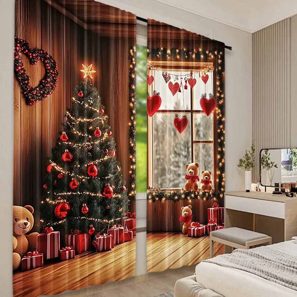 2Pcs Christmas Curtains Christmas Tree Cute Winter Holiday Xmas Gifts Snowflakes Elf For Living Room Window Home Drapes 3