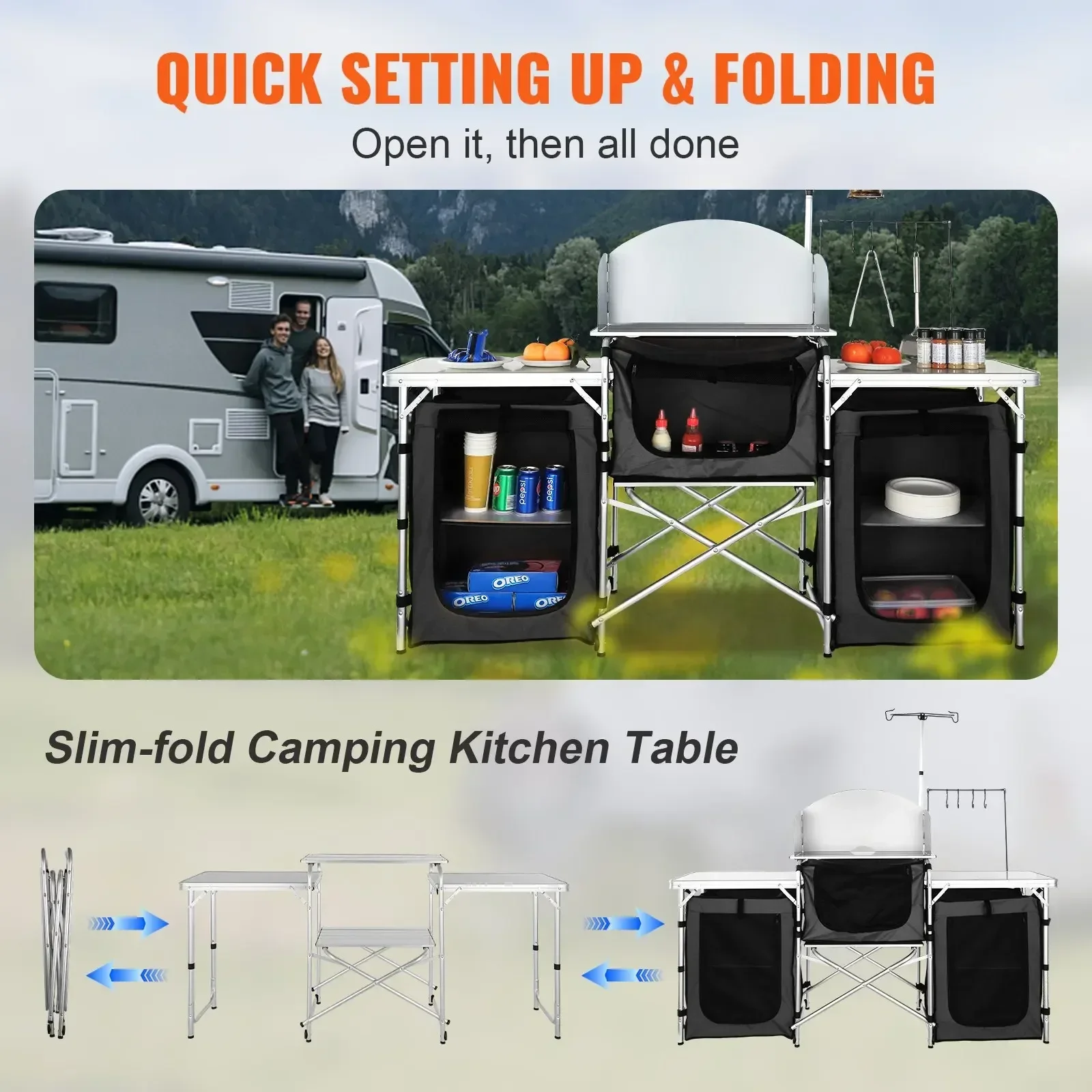 Vevor Camping Kitchen Dining Table, Foldable Outdoor Cooking Table With Storage Bag, Aluminum Cooking Table With 3 Cabinets