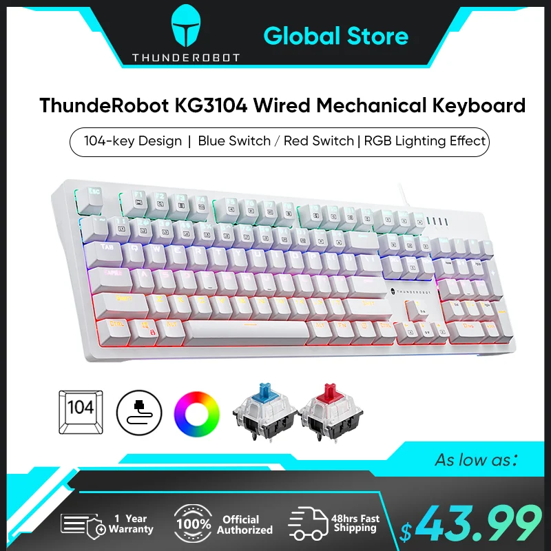 ThundeRobot KG3104  Mechanical Keyboard USB Wired RGB 104 Keys Keyboard Blue Switch Red Switch White Keyboard For Gamer