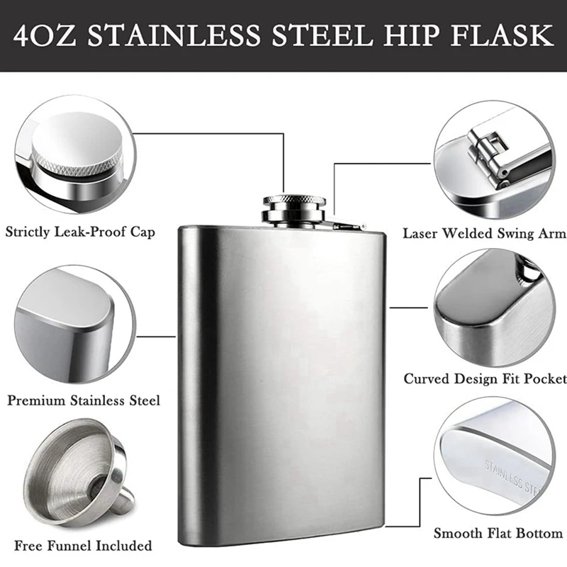 

2X Hip Flask With Funnel, 4 Oz Stainless Steel Whiskey Flask 100% Leak Proof, Portable Pocket Hip Flask For Liquor