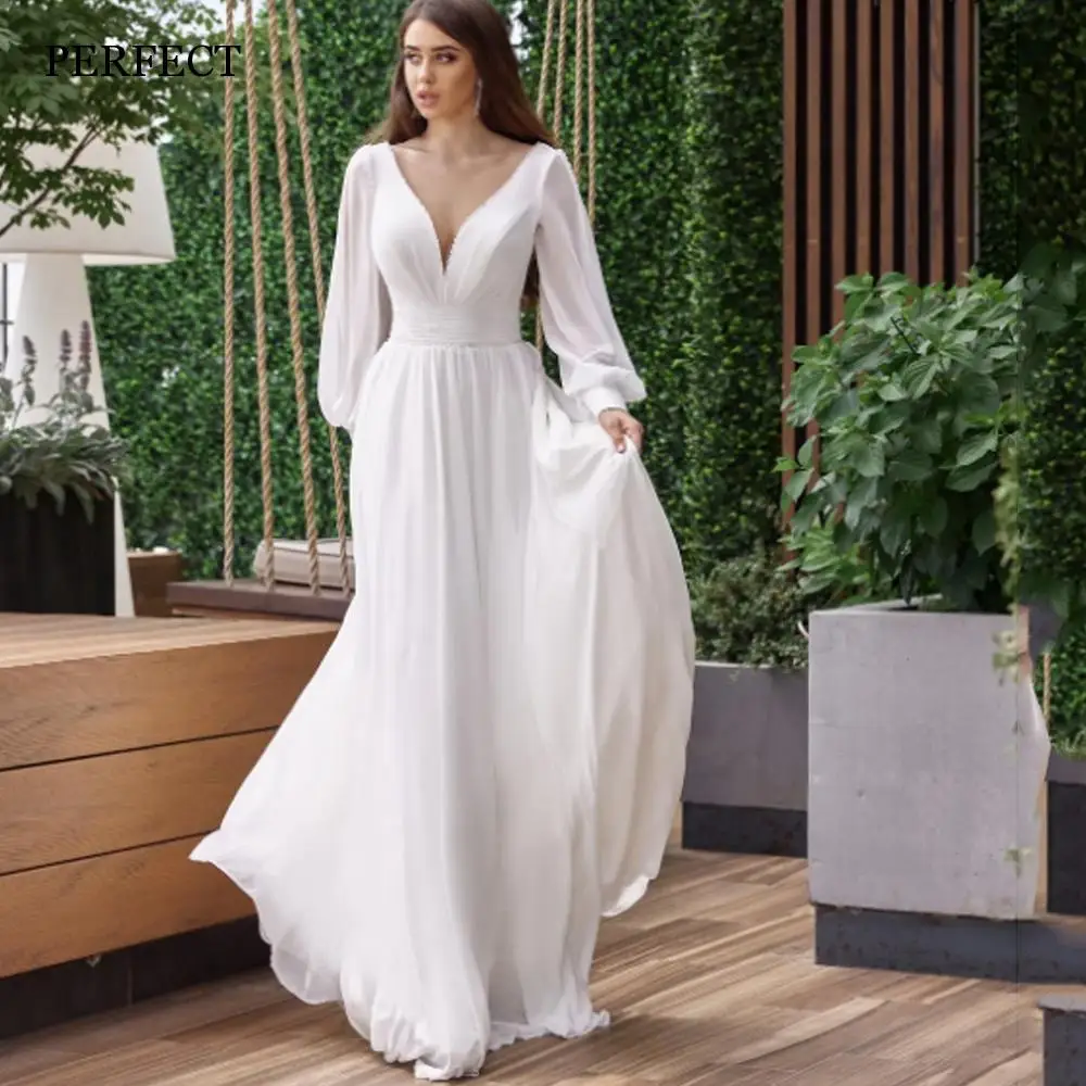 

PERFECT Elegant V-Neck Chiffon Wedding Dresses Long Sleeves Lace Up Bridal Gowns Beaded Sweep Train Robe De Mariée Custom Made