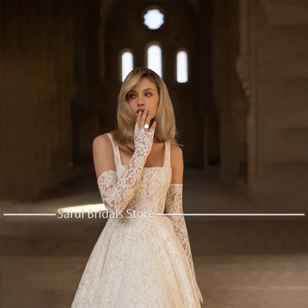 Elegant Square Collar Straples Lace Pleated Wedding Dress Customized A-line Backless Court Bridal Party Gowns Vestidos De Novia
