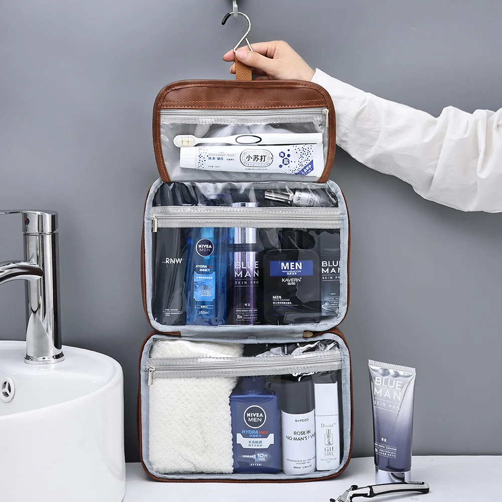 Zipper PU Leather Men Business Portable Storage Bag Toiletries Organizer Women Travel Cosmetic Bag Hanging Waterproof Wash Pouch 2