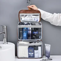 Zipper PU Leather Men Business Portable Storage Bag Toiletries Organizer Women Travel Cosmetic Bag Hanging Waterproof Wash Pouch 2