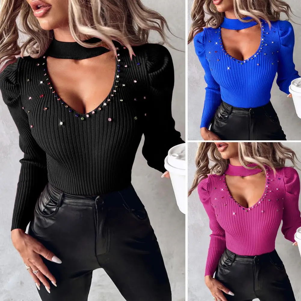 

Studded Rhinestone Top Stylish Women's Rhinestone Studded Knitwear V-neck Tops Hollow Out Sweater Slim Fit Blouse Office Lady