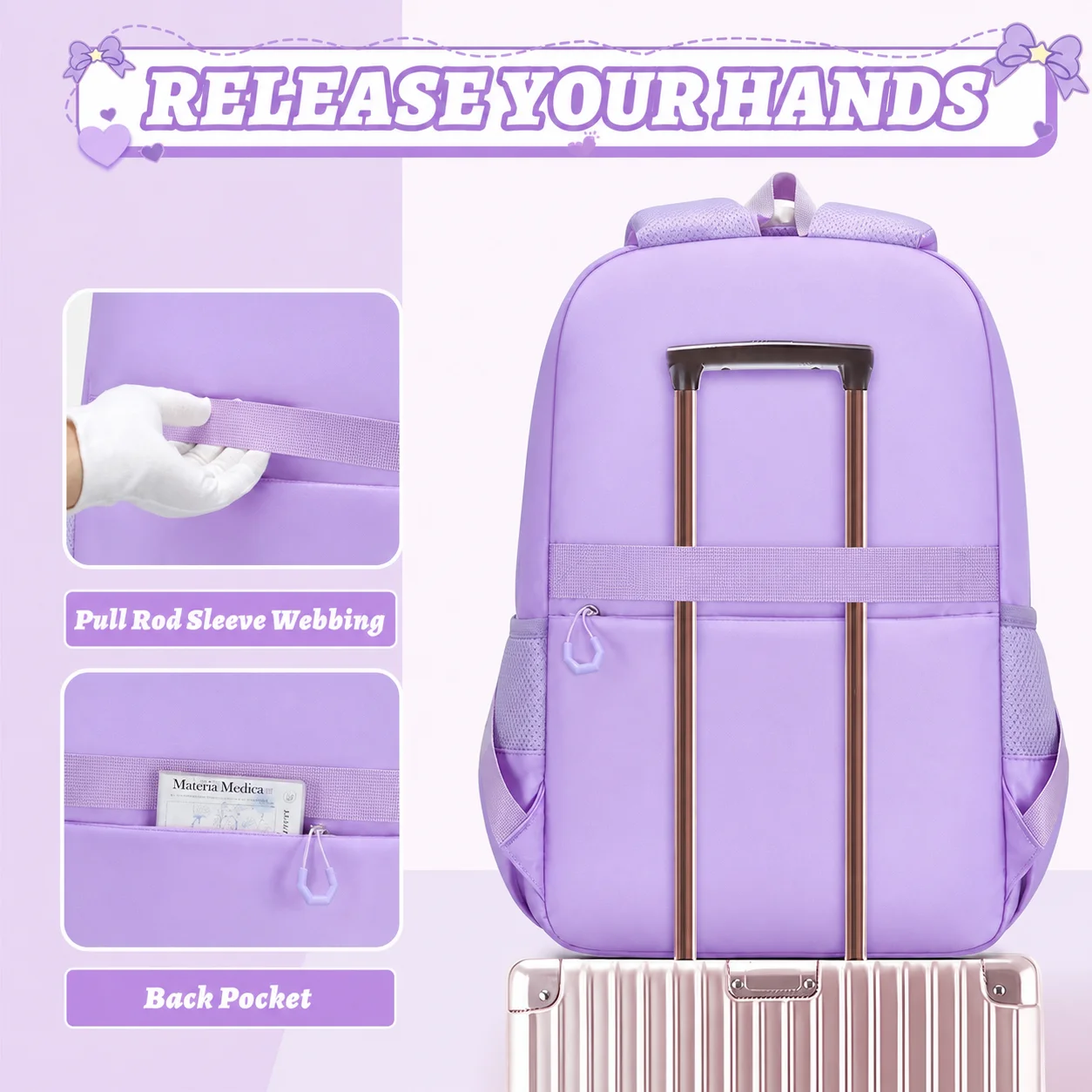 3pcs School Backpack Set Bowknot Cute Bookbag Kit Girls Nylon Multi Pocket Rucksack Pack Kids Lunch Box Pencil Case 3