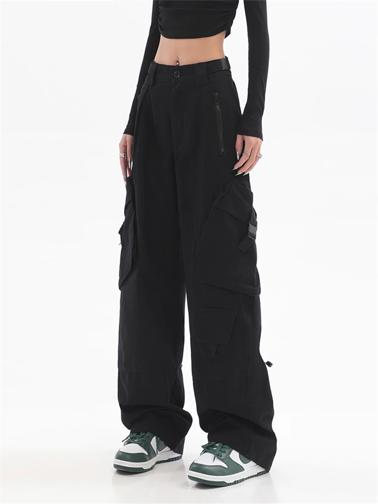 

Streetwear Black Cargo Pants Women Wide Leg Goth Hippie Streetwear Trousers Loose Female Korean Style Joggers Fashion Casual