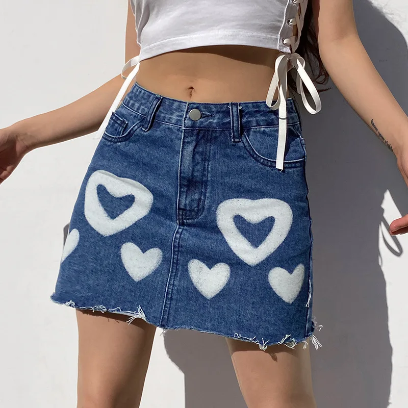 

Women A-Line Vintage FashionHeart Print Summer Casual Sexy Y2K Skirts Female High Waist Demin All-match Mini Short Skirts New