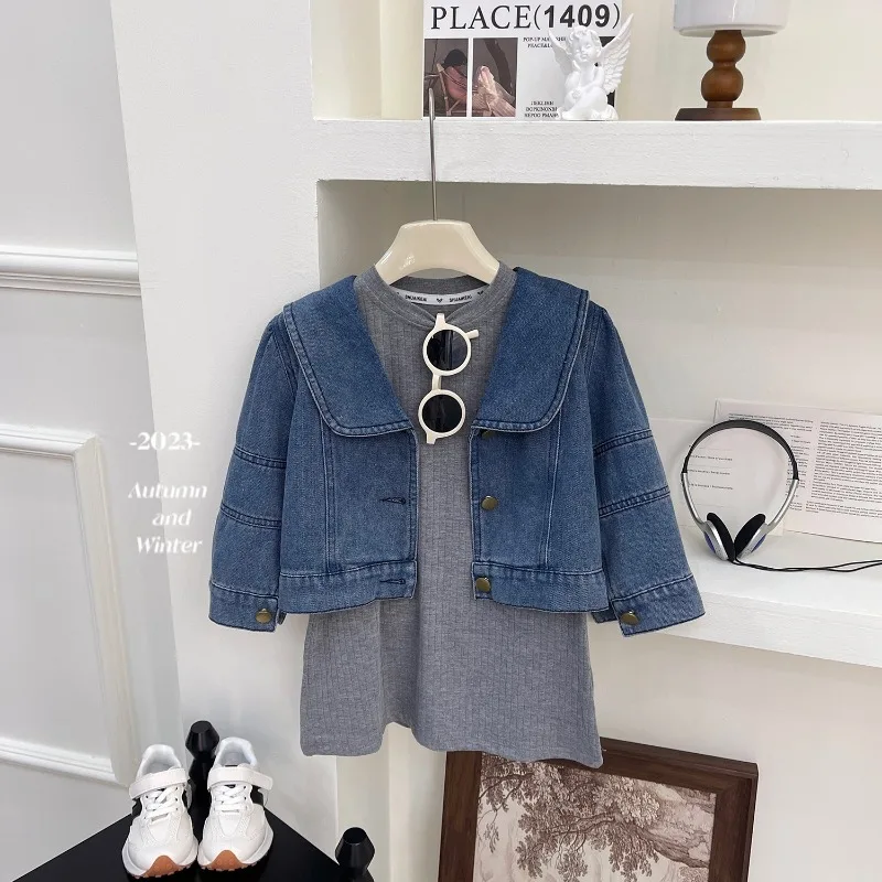 

Girls' Children's Clothing Set Korean 2023 Autumn New Girls' Knitted Dress Retro Jean Jacket Two Piece Set Girl Clothes Solid