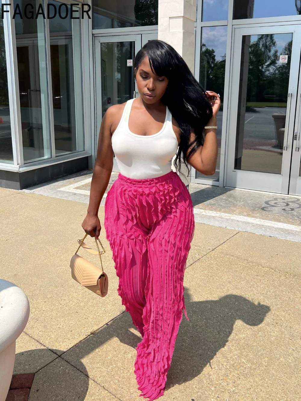 FAGADOER Fashion Tassel Wide Leg Pants Womens Casual Streetwear High Waist Stretchy Ruffles Mesh Pants Sexy Trousers Club Wears