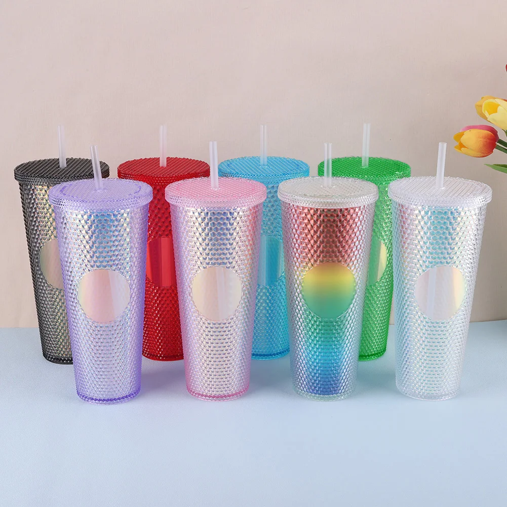 710ml 플라스틱 빨대컵 라인스톤 리벳컵 이중벽 물병 뚜껑 포함 휴대용 텀블러 대용량 가정 및 야외용