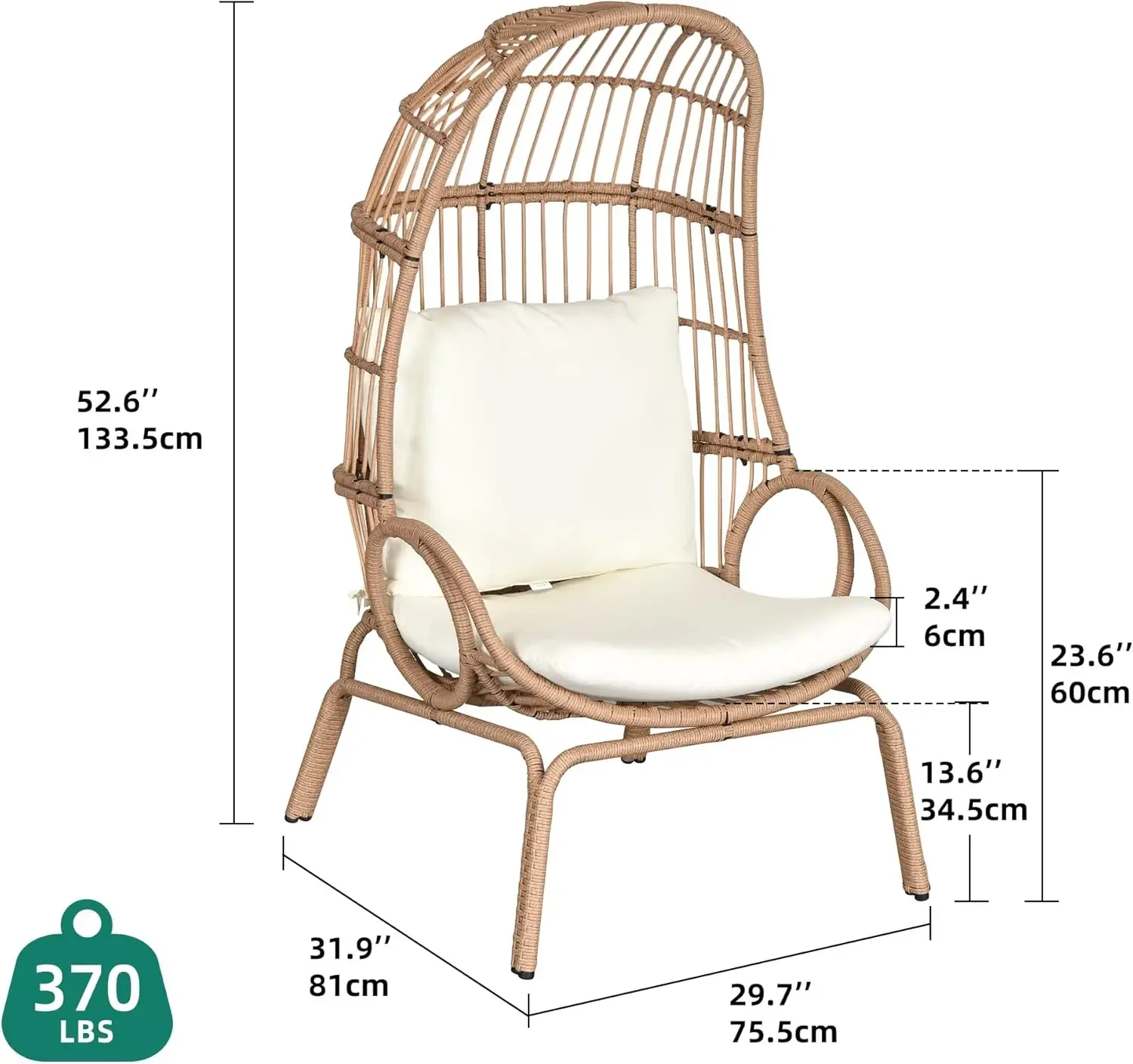 Rattan Basket Chair with 370lbs Capacity Indoor Egg Chairs with Stand & Cushion Cocoon Chair for Bedroom, Patio, Balcony - Beige 3