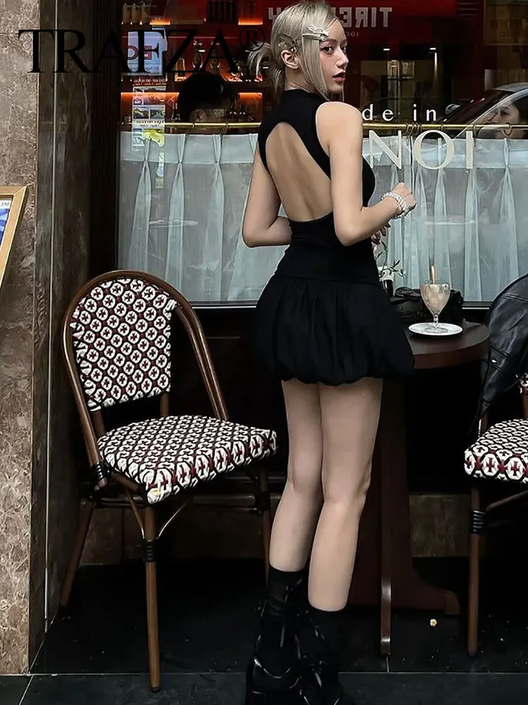 HH Knitted Women Mini Dress Elegant Chic Backless Hollow Out Patchwork Pleated Dresses Fashion Summer 2024 Party Dress Y2k