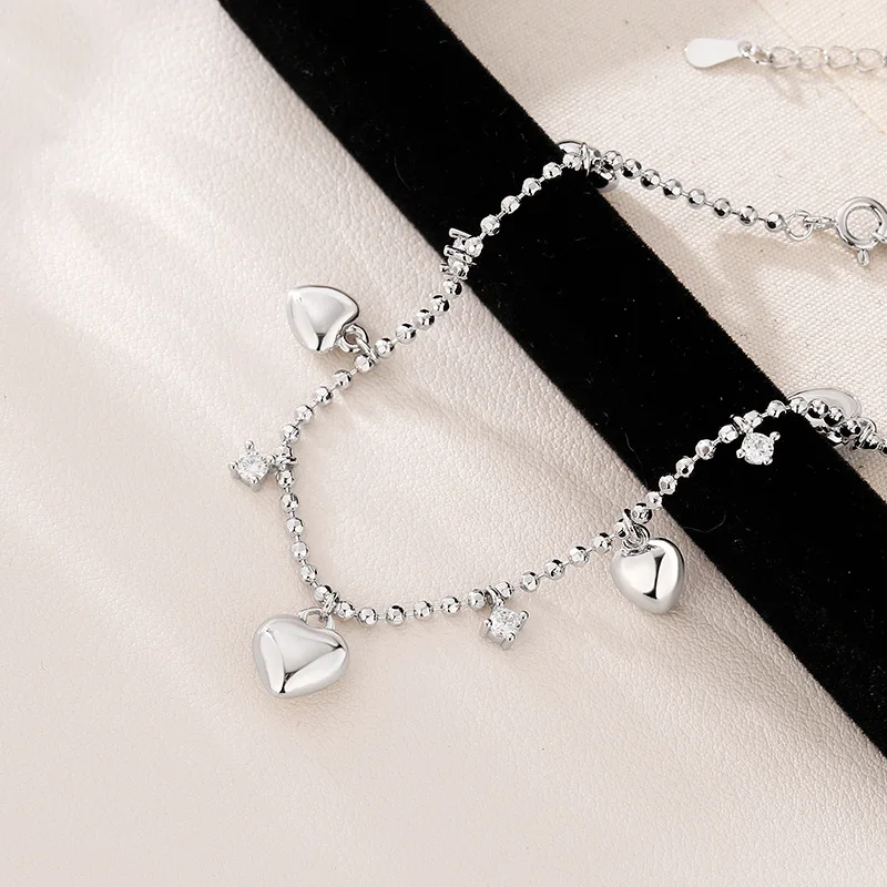 VENTFILLE 925 Sterling Silve Love Heart Anklet for Women Zircon Bead Chain Tassels Sweet Adjustable Jewelry Gift